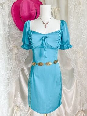 Aqua Blue Satin Fairy Dress  Puff Sleeve Cottagecore Mermaid Mini Y2K Princess